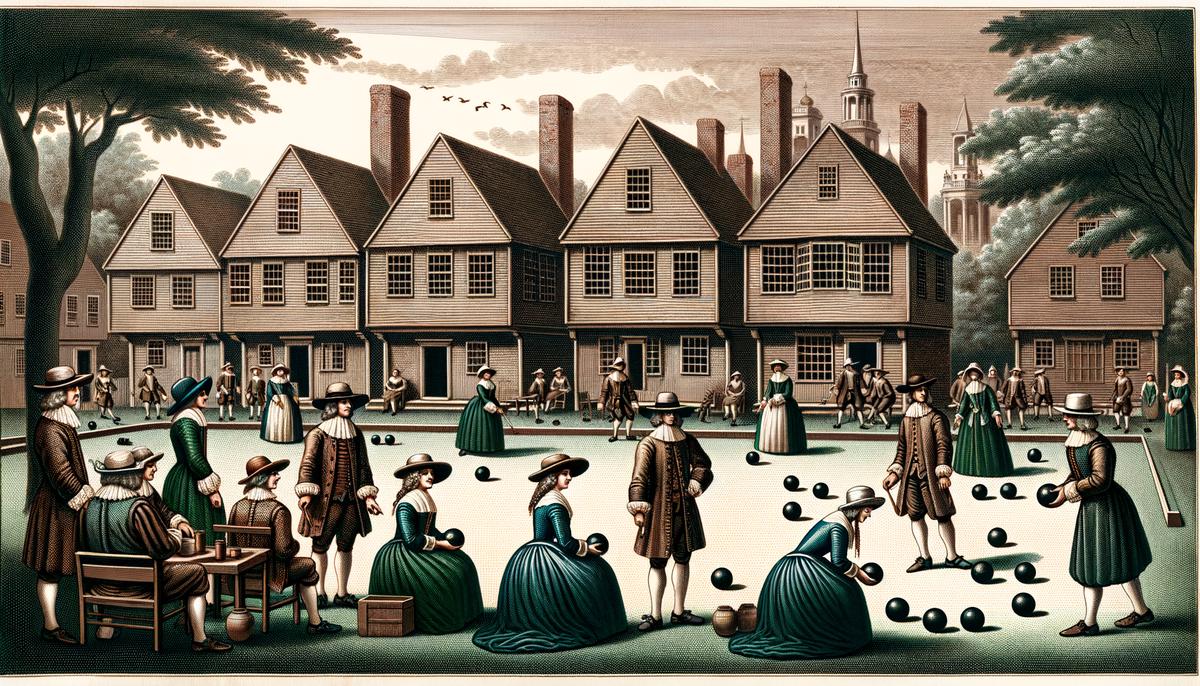 A bustling colonial Boston bowling green with people in period attire playing