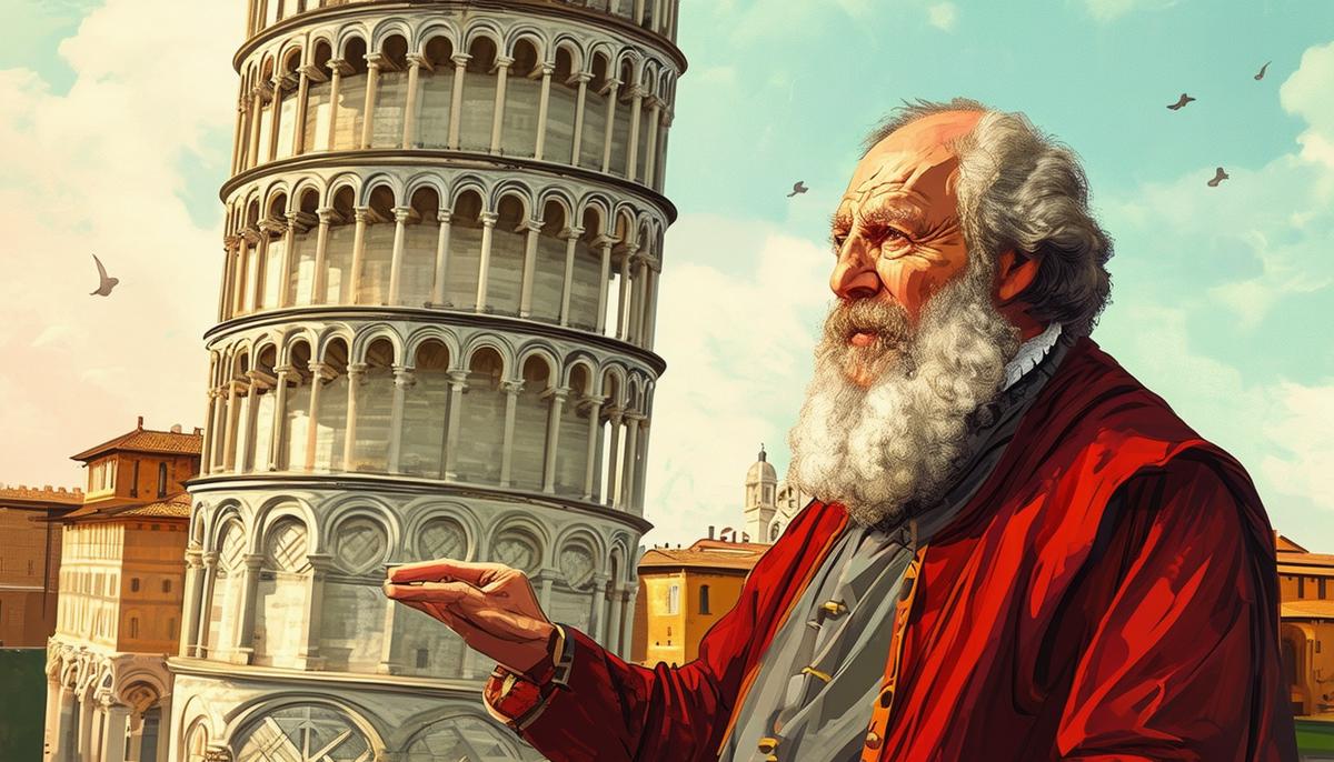 Artistic representation of Galileo conducting his famous gravity experiment at the Leaning Tower of Pisa