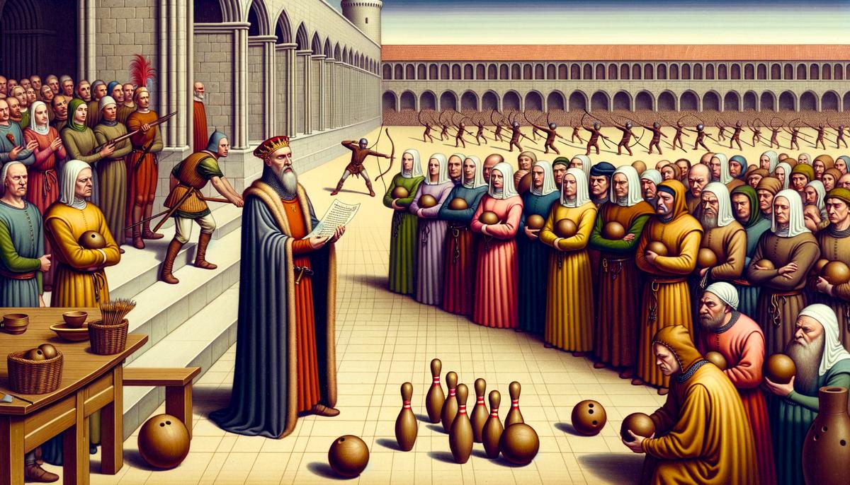 King Edward III issuing a decree banning bowling while archers practice in the background