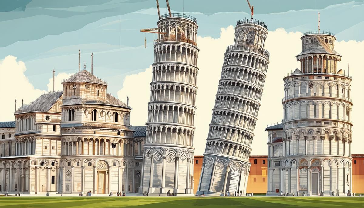 Illustration showing the stages of construction of the Leaning Tower of Pisa over time, highlighting its gradual tilt