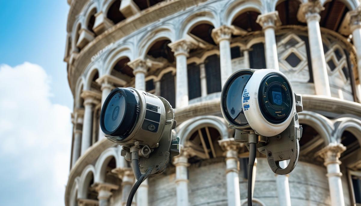 Close-up of high-tech monitoring devices attached to the Leaning Tower of Pisa