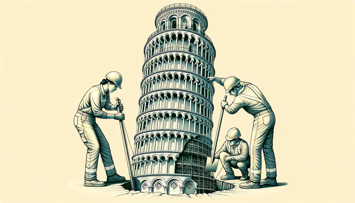 Cutaway illustration of the Leaning Tower of Pisa showing engineers working to remove soil from the foundation