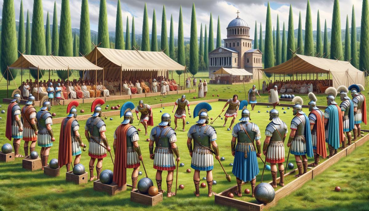 Roman soldiers in full battle gear playing Bocce on a grassy field